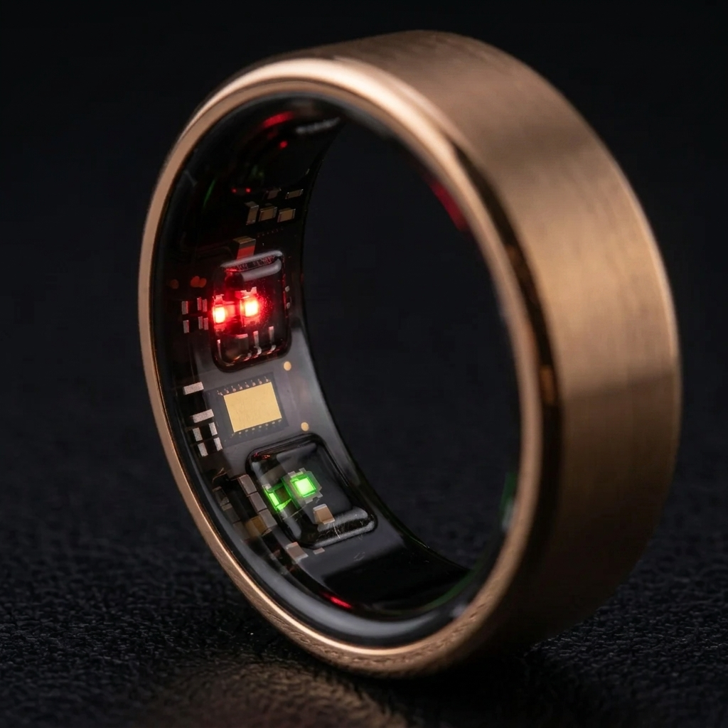 Interior of the ChiroRing Bronze Gold showing the sensor array: heart-rate LEDs and photodiode