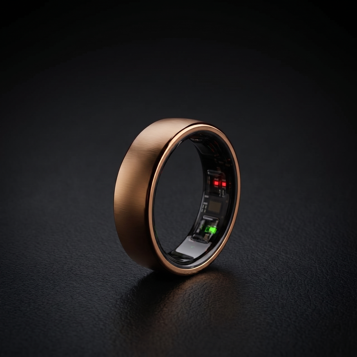 ChiroRing Bronze Gold standing upright, low angle, raking light across the brushed bronze gold band